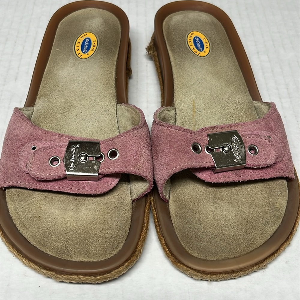 Heaven Dr. Scholl’s Pink Suede buckle Espadrille Slides Vintage Y2K Sandals sz 6 - Picture 8 of 12